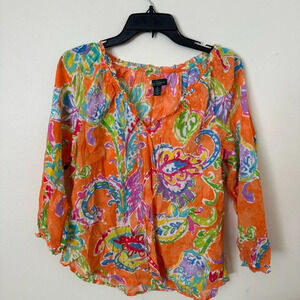 Ralph Lauren Orange Floral Long Sleeve Women's Blouse Size S
